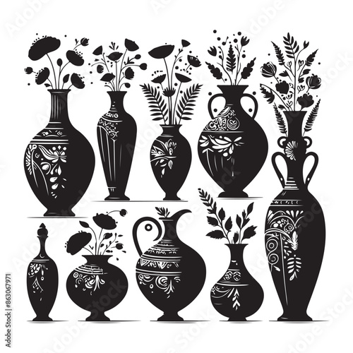 Black silhouettes of vases on a white background