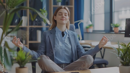 Happy employee getting ready to start productive work day Young business woman sitting at office desk and meditating eyes closed thinking of good things and focusing on positive feelin : Generative AI photo