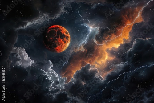 A dramatic view of a red moon partially obscured by dark, swirling storm clouds, with flashes of lightning illuminating the night sky intermittently. photo