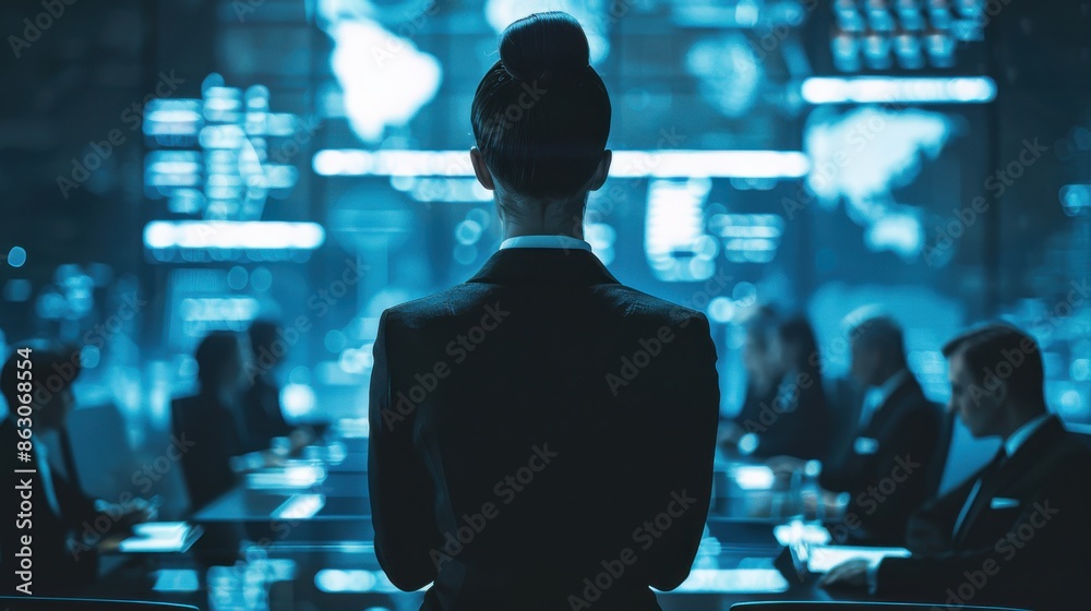 Female CEO in black suit, torso view, leading global strategy meeting, hightech boardroom backdrop, showcasing international leadership, scifi tone, Monochromatic Color Scheme