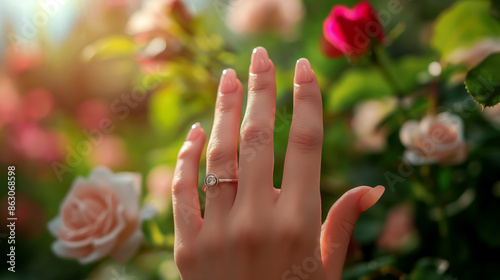 mão feminina com unhas acrílicas modelando um anel de prata simples, fundo de jardim de rosas, iluminação ambiente brilhante, fotografia, photo