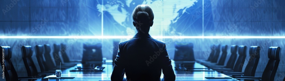 Female CEO in navy blue suit, torso view, leading global strategy meeting, hightech boardroom backdrop, showcasing international leadership, scifi tone, Monochromatic Color Scheme Female CEO in navy blue suit, torso view, leading global strategy meeting, hightech boardroom backdrop, showcasing international leadership, scifi tone, Monochromatic Color Scheme