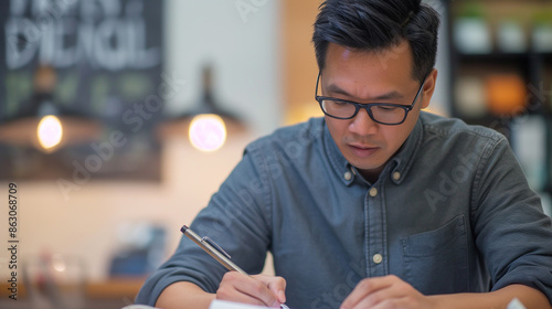 um homem asiático focado escrevendo em um ambiente de escritório, incorporando profissionalismo e concentração. photo