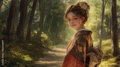 arte ilustrativa de uma linda mulher branca feliz com cabelos castanhos em uma trilha na floresta usando roupas da época japonesa photo
