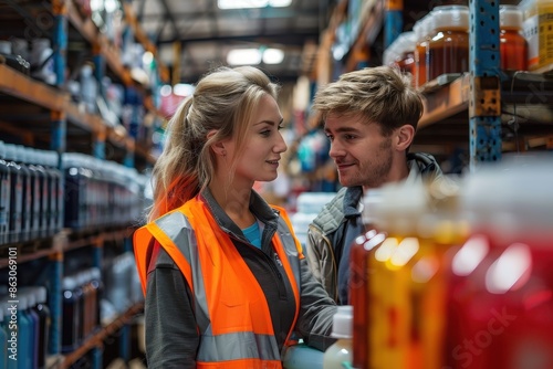 In a busy warehouse, two employees in orange safety vests are checking supplies and materials on shelves, showcasing their efficiency and attention to detail at work.