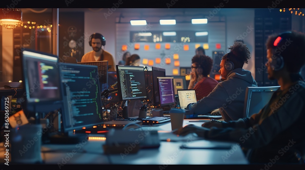 In a bustling office a diverse group of programmers and engineers collaborate their minds focused on coding and problemsolving : Generative AI In a bustling office a diverse group of programmers and engineers collaborate their minds focused on coding and problemsolving : Generative AI