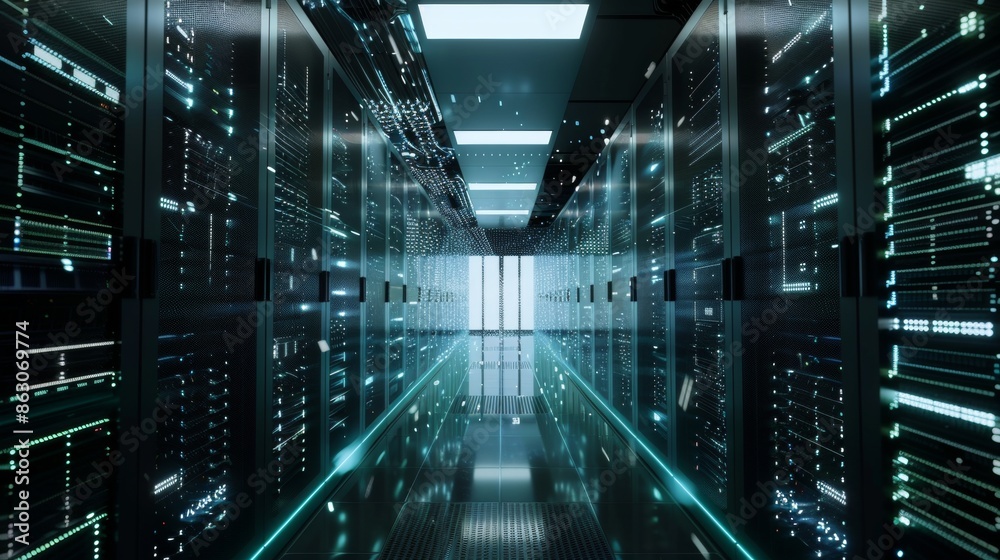Shot of Corridor in Working Data Center Full of Rack Servers and Supercomputers with Internet connection Visualization Projection, technology, digital, futuristic, future,