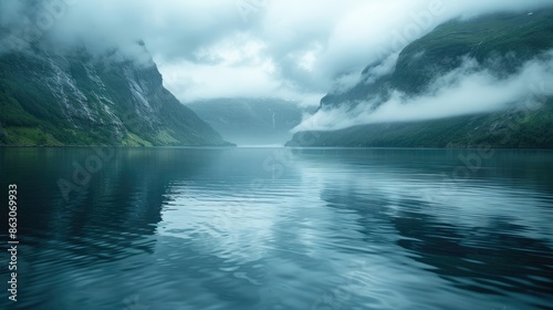 Misty mountains reflected in a calm lake, creating a serene and tranquil scene.