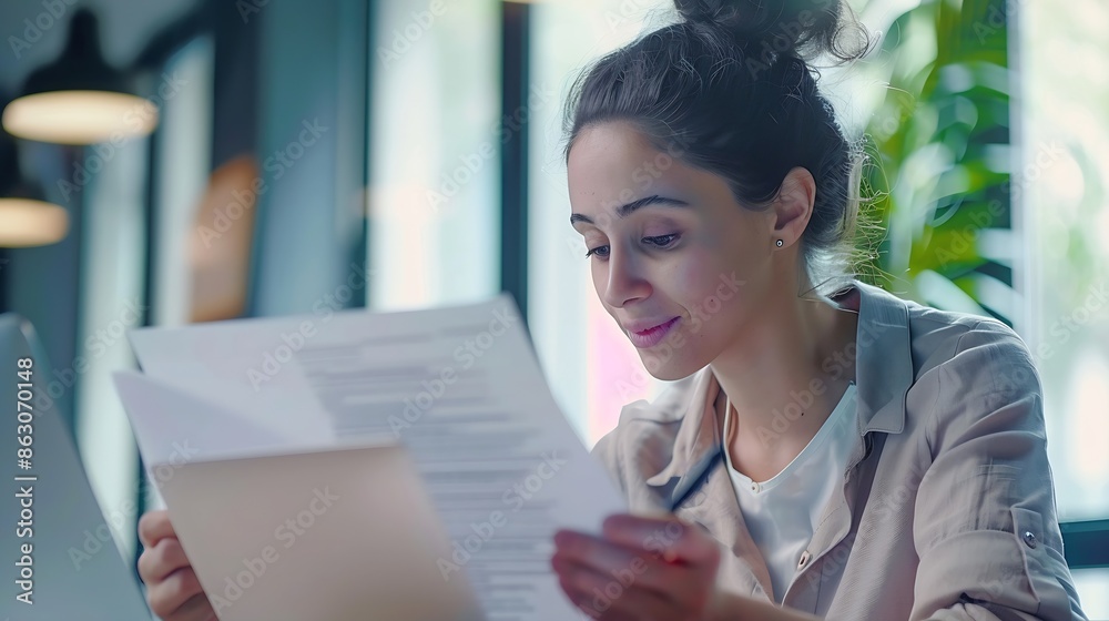 Young beautiful woman behind paper work inside office satisfied with achievement Hispanic woman sitting at workplace filling out document forms smiling using laptop at work : Generative AI Young beautiful woman behind paper work inside office satisfied with achievement Hispanic woman sitting at workplace filling out document forms smiling using laptop at work : Generative AI