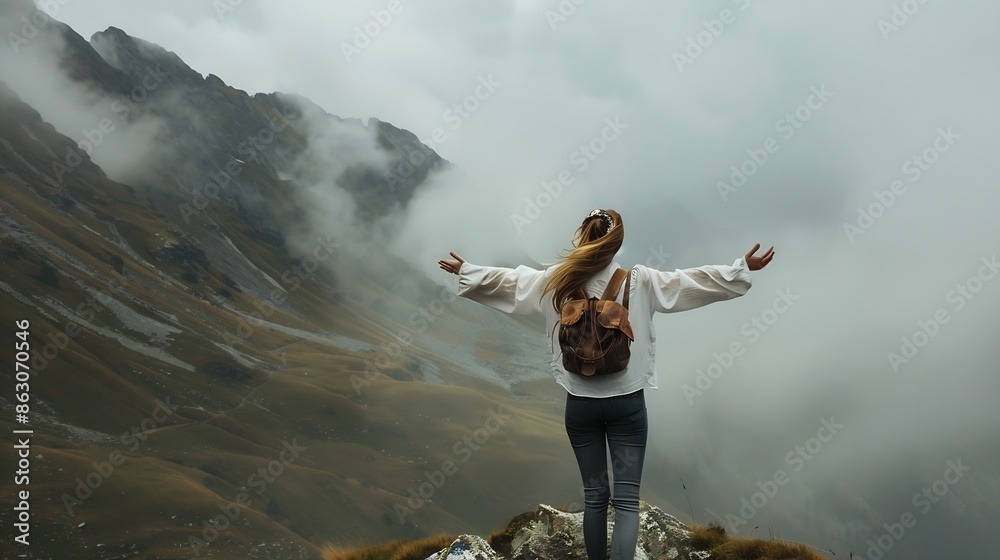 Happy woman tourist hiking up mountain enjoying nature Landscape in cloudy gloomy windy weather Female in white shirt with open arms outstretched in joy enjoying travel Freedom concept : Generative AI Happy woman tourist hiking up mountain enjoying nature Landscape in cloudy gloomy windy weather Female in white shirt with open arms outstretched in joy enjoying travel Freedom concept : Generative AI