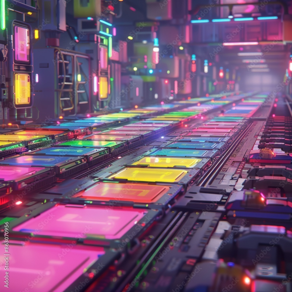A colorful, neon-lit room with many different colored squares. The room has a futuristic, sci-fi feel to it A colorful, neon-lit room with many different colored squares. The room has a futuristic, sci-fi feel to it