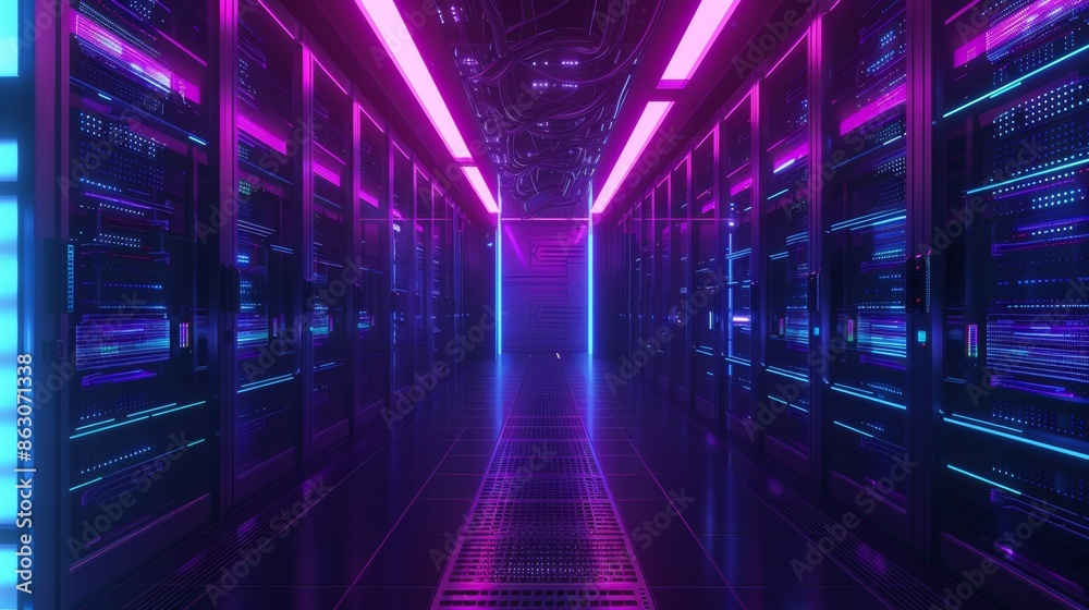 Fototapeta premium Futuristic Data Center with Neon Lights, Generative AI