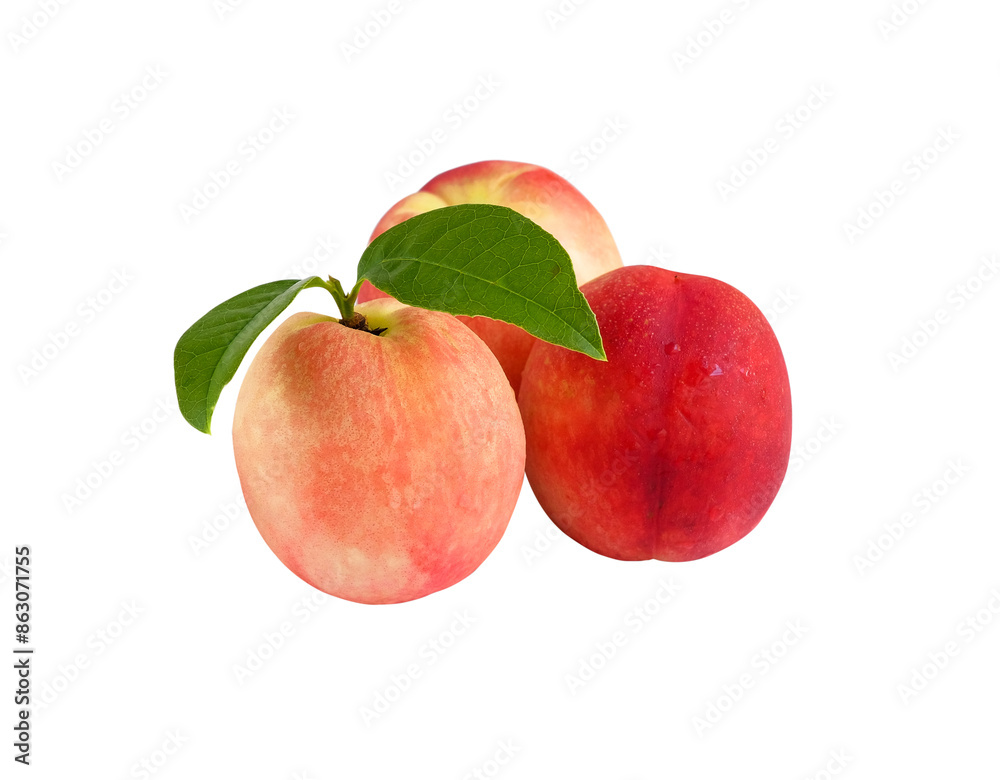 Peach fruit with green leaf on white background. Peach fruit with green leaf on white background.