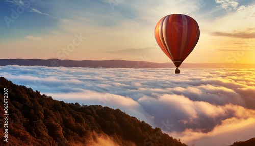 a hot air balloon flying over a cloud filled sky at sunset. © Louis