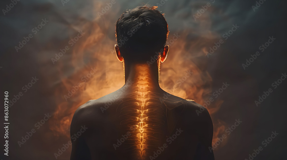 Man facet joint syndrome glowing depiction of inflamed and painful spinal joints Man facet joint syndrome glowing depiction of inflamed and painful spinal joints