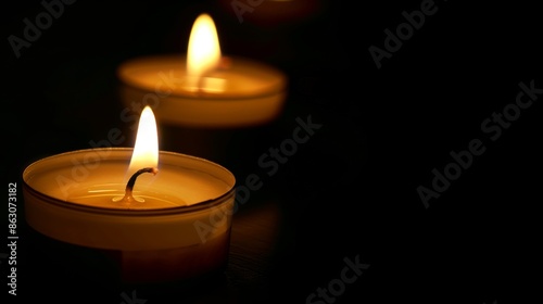 Realistic photo of votive candles lit in remembrance of departed loved ones for a heartfelt tribute