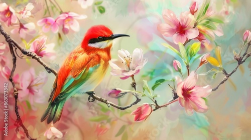 Colorful Bird Perched on a Branch of Delicate Pink Blossoms