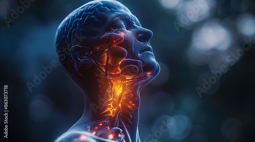 Man hyperthyroidism glowing depiction of the thyroid gland showing excessive hormone production photo