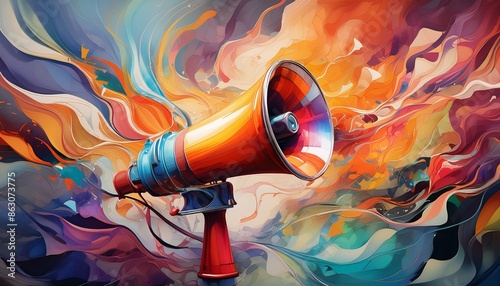 Colorful illustration of a megaphone on a vibrant abstract background © Louis
