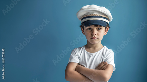 Portrait of a Young Boy in Sailor Cap and White T-Shirt on Blue Background with copy space for text