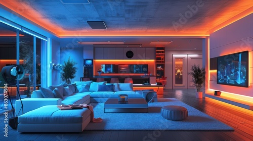 Stylish modern living room with futuristic decor. photo