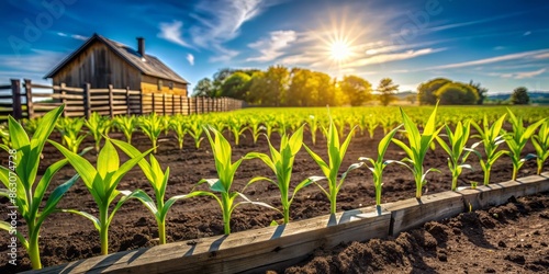Vibrant fresh green sprouts burst forth in a lush springtime corn field, surrounded by fertile soil and rustic wooden farm fences on a sunny day. photo