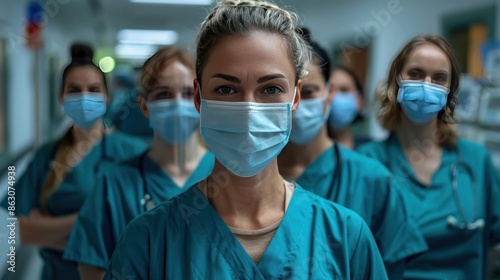 Medical team posing in a hospital corridor.