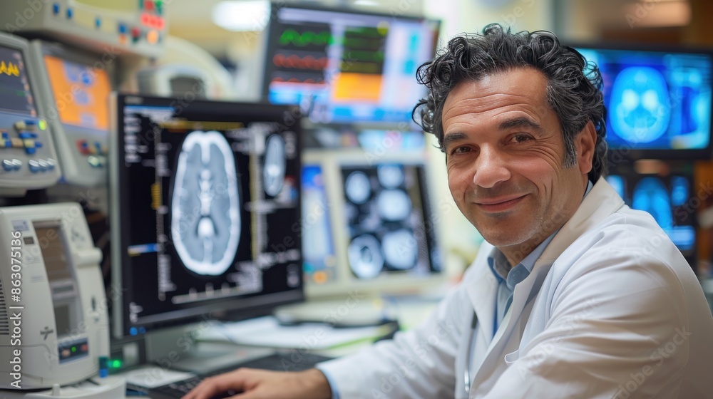 Medical professional reviewing brain scans on a computer.