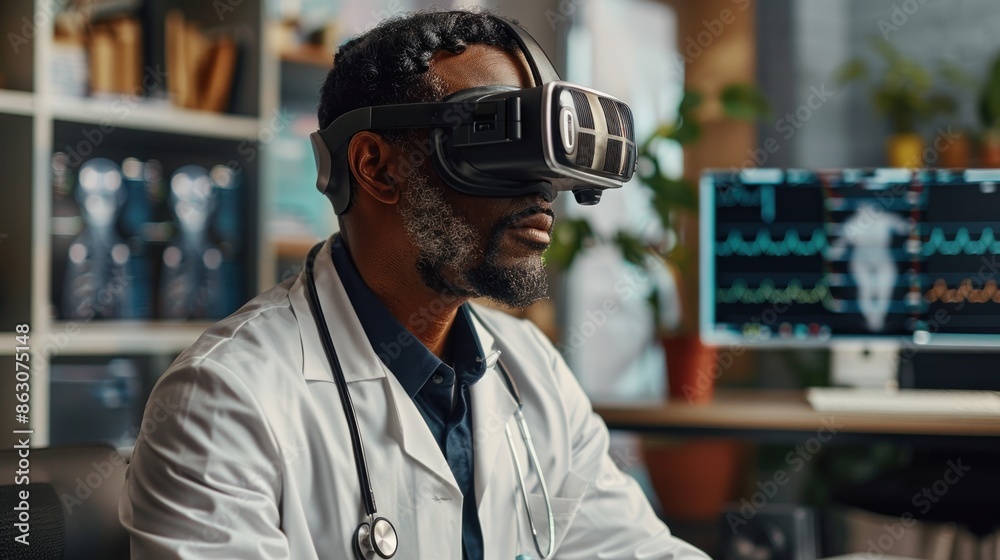 Doctor using VR technology to review medical data. Doctor using VR technology to review medical data.