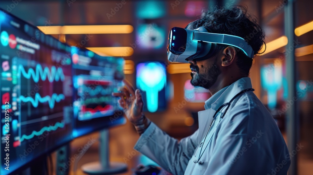 Medical researcher analyzing data with VR headset. Medical researcher analyzing data with VR headset.