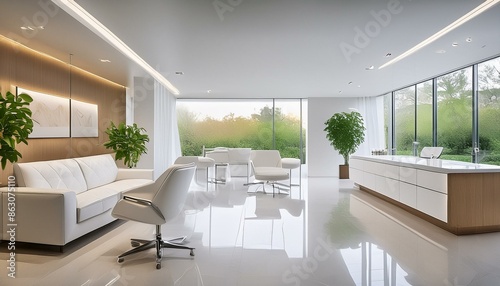 Modern minimalist dental clinic reception with sleek white furniture and ambient lighting © Louis