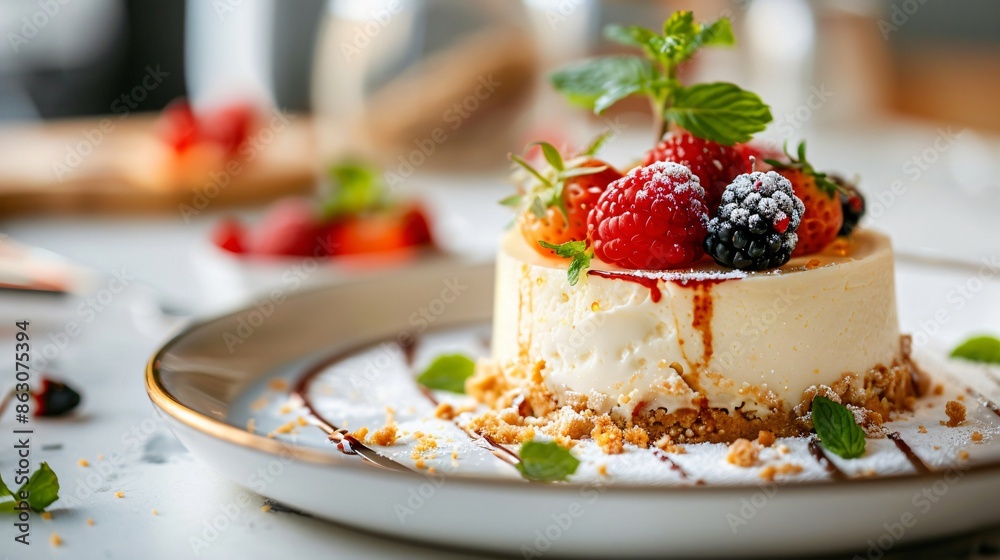 A beautifully plated cheesecake dessert, with a creamy cheese filling, a graham cracker crust, and a topping of fresh berries and mint leaves A beautifully plated cheesecake dessert, with a creamy cheese filling, a graham cracker crust, and a topping of fresh berries and mint leaves
