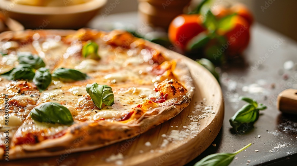 A close-up of a cheese pizza fresh out of the oven, with bubbling mozzarella and a perfectly crispy crust, garnished with fresh basil leaves