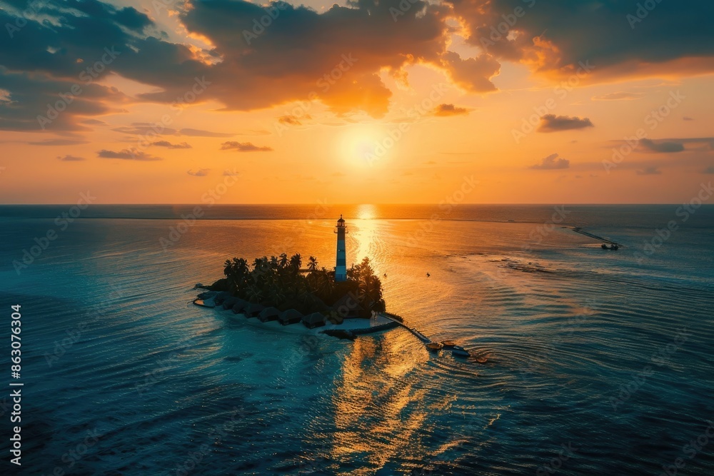 Naklejka premium Aerial view of a lighthouse of a luxury resort with bungalows on a small island at sunset