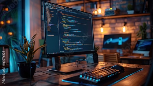 Programmer writing code on dual screens photo