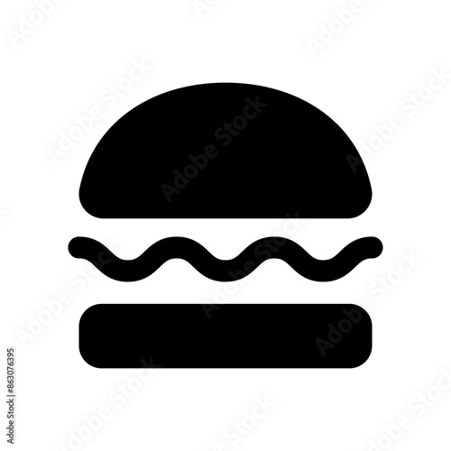 Illustration showing a black burger icon on a white background. Fast food