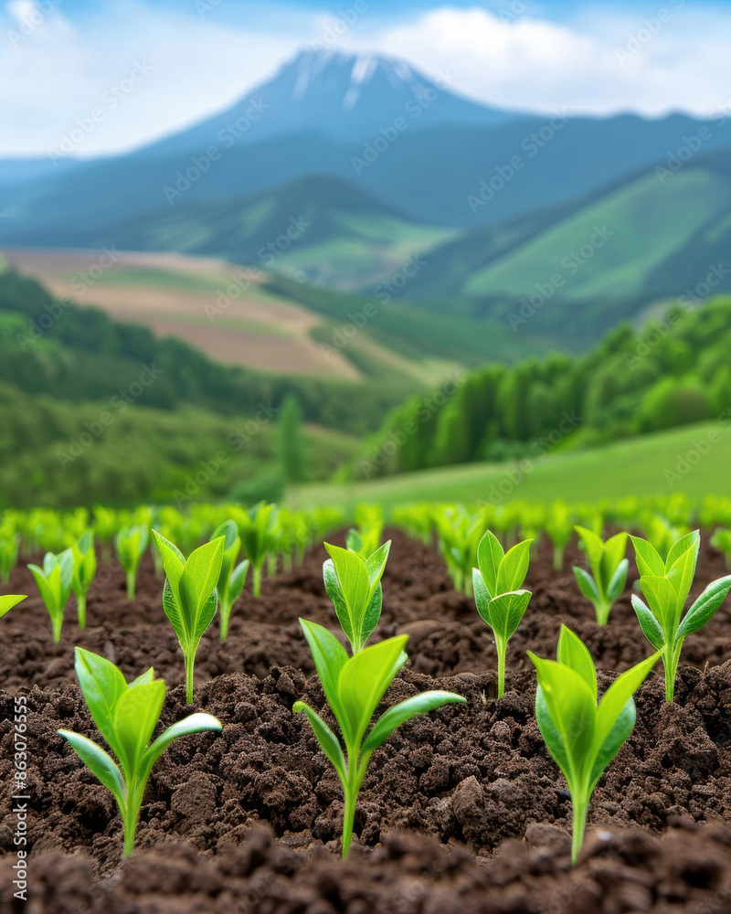 Rows of young seedlings thriving in a fertile field with a stunning mountain view in the background, representing growth and nature's beauty. Rows of young seedlings thriving in a fertile field with a stunning mountain view in the background, representing growth and nature's beauty.