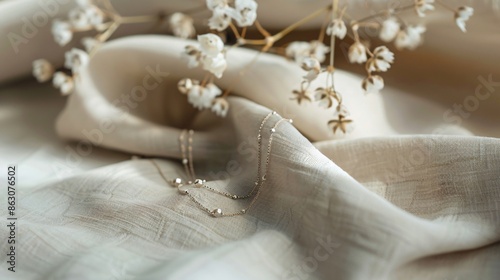 A delicate anklet made of fine gold chain with tiny geometric charms, draped over a beige linen cloth