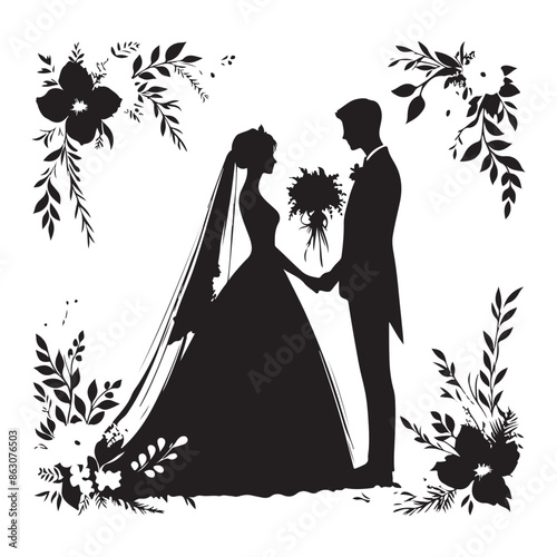 Black silhouettes of newlyweds on a white background