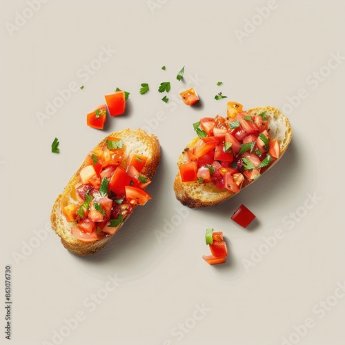 Two slices of tomato bruschetta on white background. Delicious and simple appetizer or snack for parties or gatherings. Top view photo.