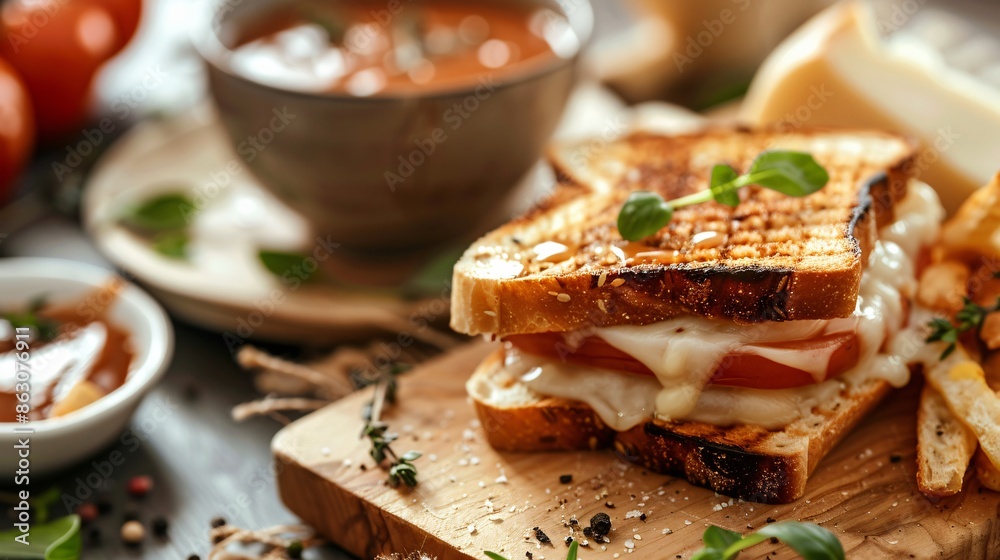 A detailed shot of a grilled cheese sandwich, with melted cheese oozing out of the crispy, golden bread, served on a wooden board with a cup of tomato soup A detailed shot of a grilled cheese sandwich, with melted cheese oozing out of the crispy, golden bread, served on a wooden board with a cup of tomato soup