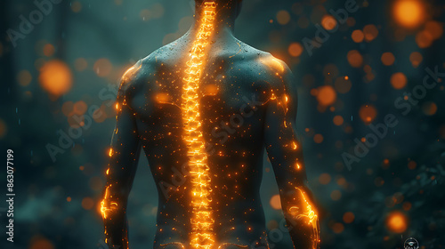 Man spinal subluxations glowing depiction of partially dislocated vertebrae causing pain