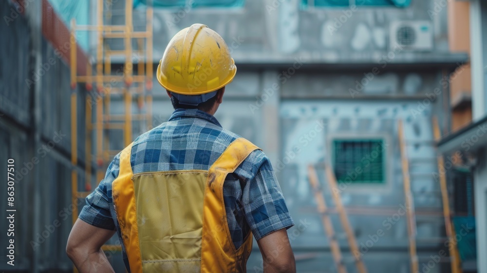 A construction worker wearing a yellow vest A construction worker wearing a yellow vest