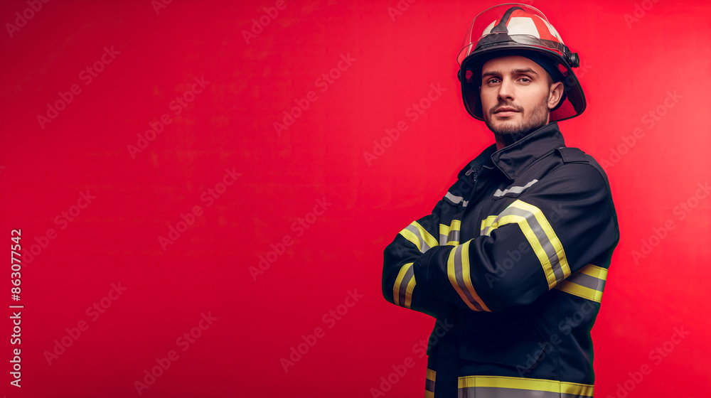 Portrait of a Young Firefighter with Helmet and Jacket, Arms Crossed with copy space for text Portrait of a Young Firefighter with Helmet and Jacket, Arms Crossed with copy space for text