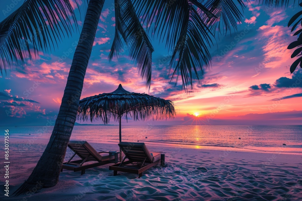 Tropical sunset beach resort with tranquil atmosphere and stunning views.