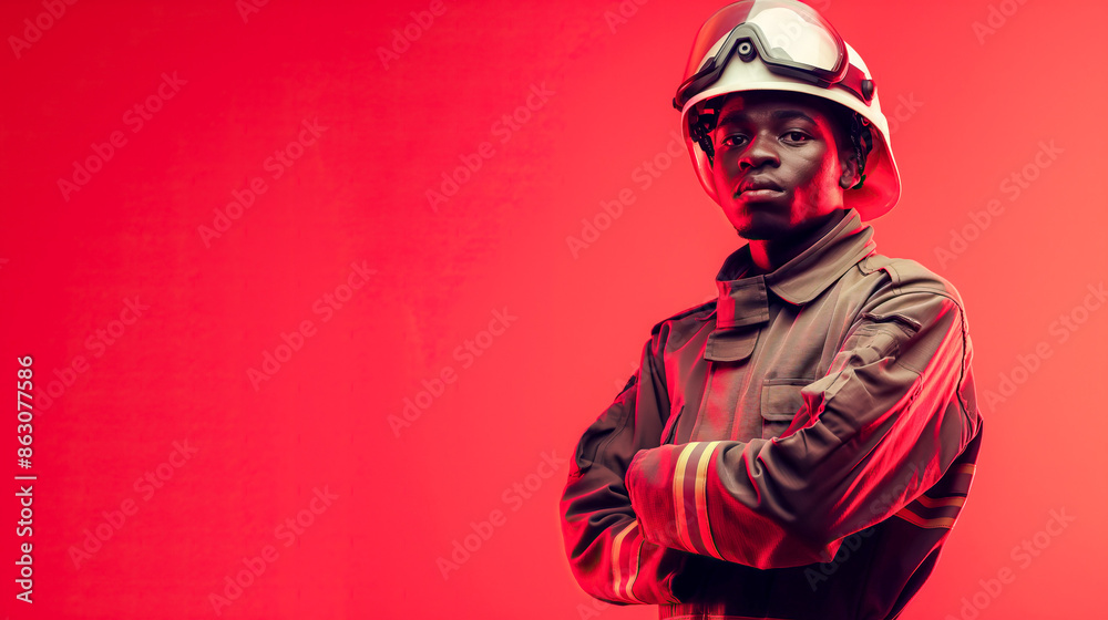 Obraz premium Portrait of a African American Firefighter Standing with Arms Crossed with copy space for text