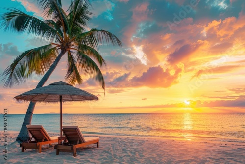 Fototapeta Naklejka Na Ścianę i Meble -  Tropical sunset beach resort with tranquil atmosphere and stunning views.