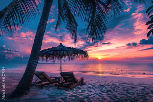 Obraz na płótnie Tropical sunset beach resort with tranquil atmosphere and stunning views. w salonie