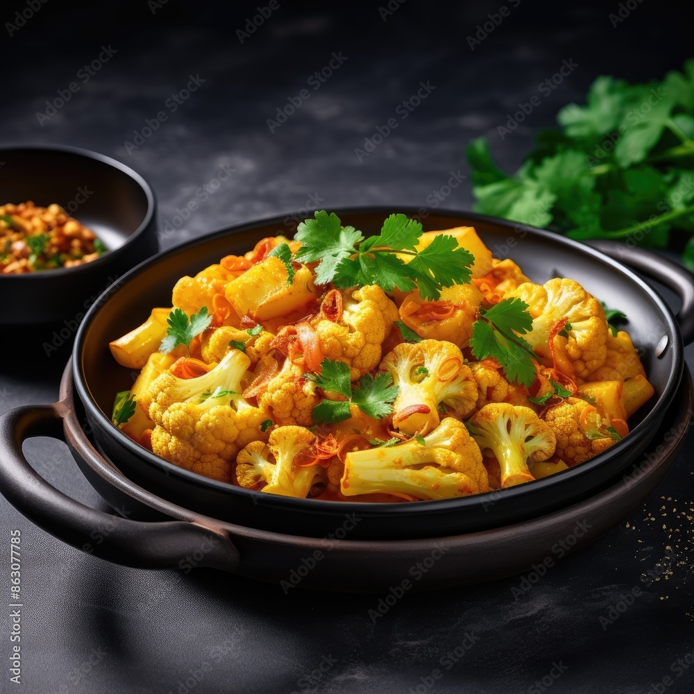 Delicious Aloo Gobi Curry in Black Bowl with Fresh Cilantro Garnish Delicious Aloo Gobi Curry in Black Bowl with Fresh Cilantro Garnish