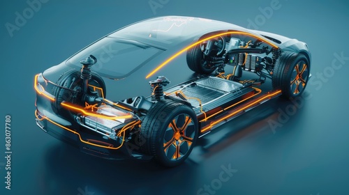 Electric car (generic model) technical cutaway 3d rendering with all main details of EV system in ghost effect. --ar 16:9 --style raw Job ID: 597ba142-4ad1-4793-824b-72f1f028c940
